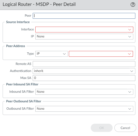 MSDP Peer configuration window.